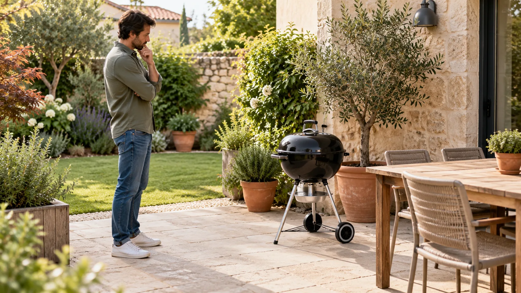 Une personne observe un barbecue éteint dans un jardin et réfléchit à l’espace disponible