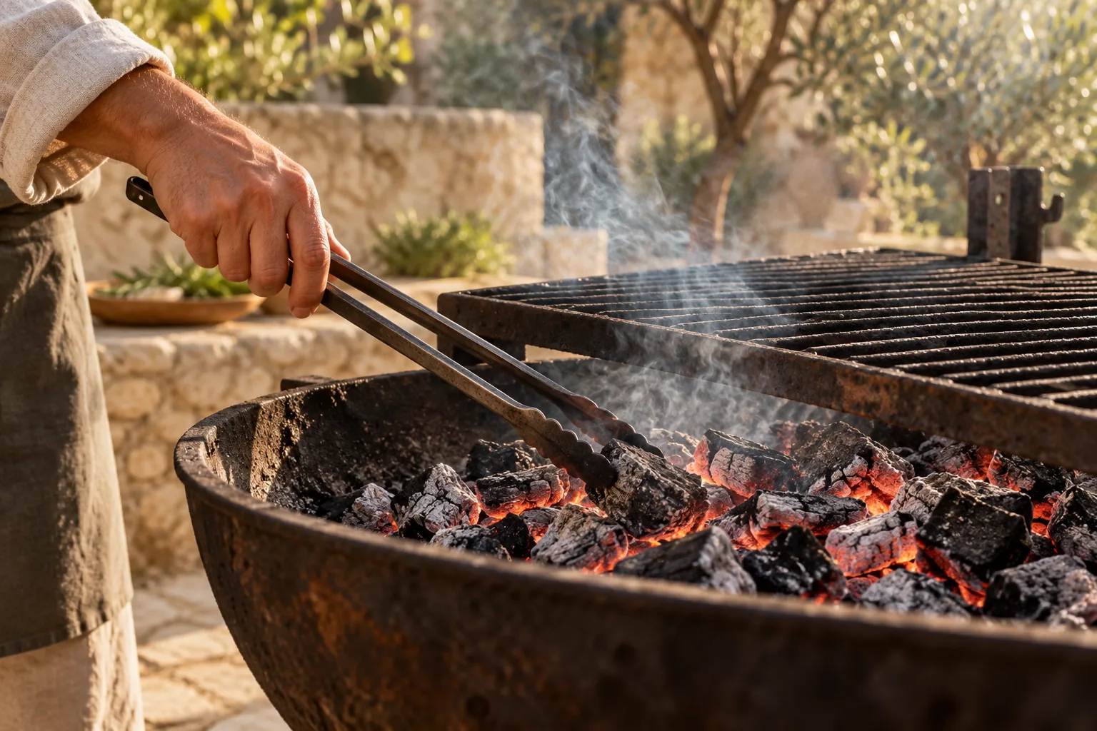 Une main entretient doucement des braises sous une grille en fonte, dans une lumière chaude