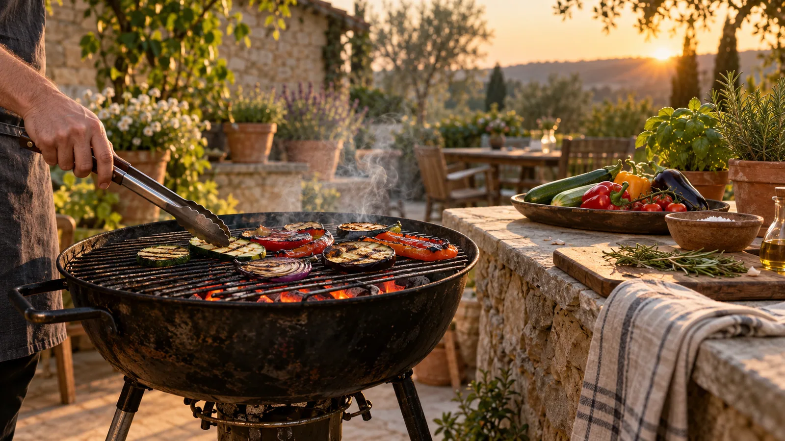 Une personne prépare des légumes sur un barbecue au charbon dans un jardin européen en lumière de fin de journée