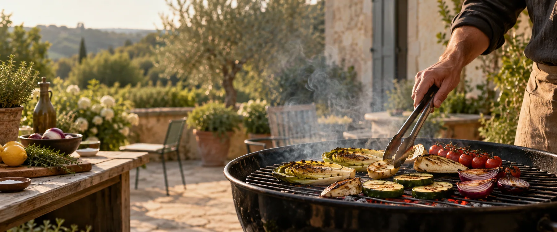Légumes grillés sur un barbecue au charbon, avec la braise et une légère fumée en lumière naturelle