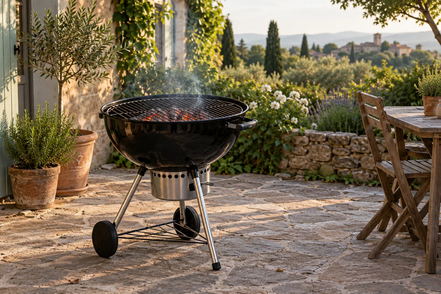Barbecue générique au charbon sur une terrasse en pierre, avec une légère fumée au-dessus de la grille