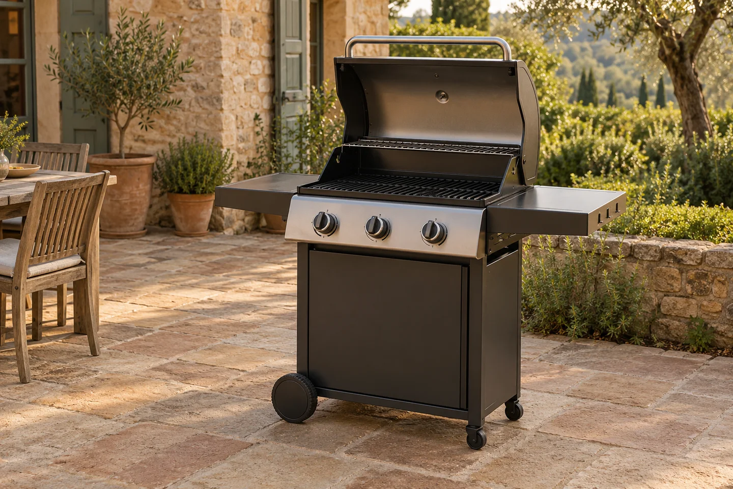 Barbecue générique à gaz sur une terrasse en pierre, avec son capot et ses commandes visibles