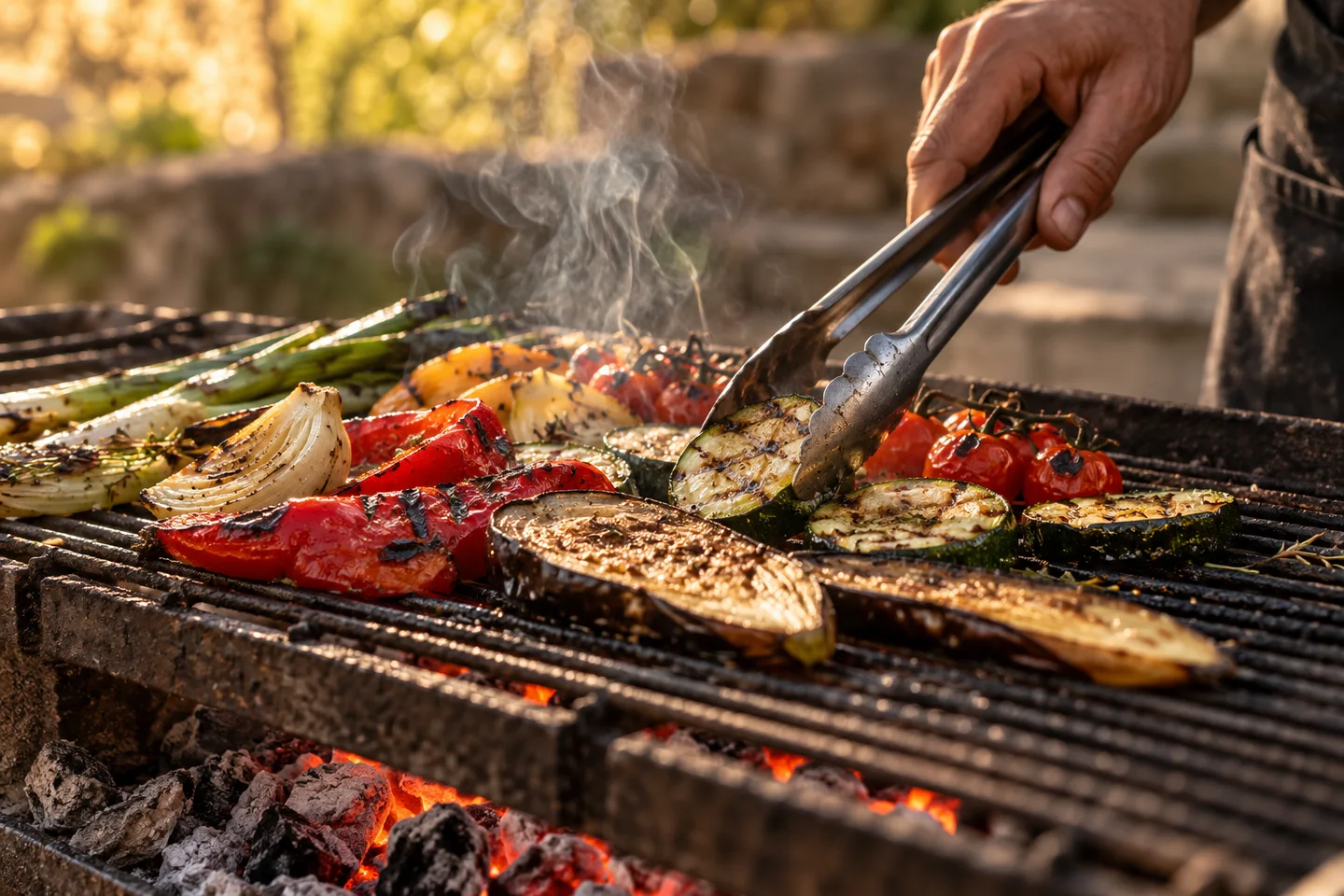 Une main tourne des légumes à la pince sur une grille au-dessus de braises calmes